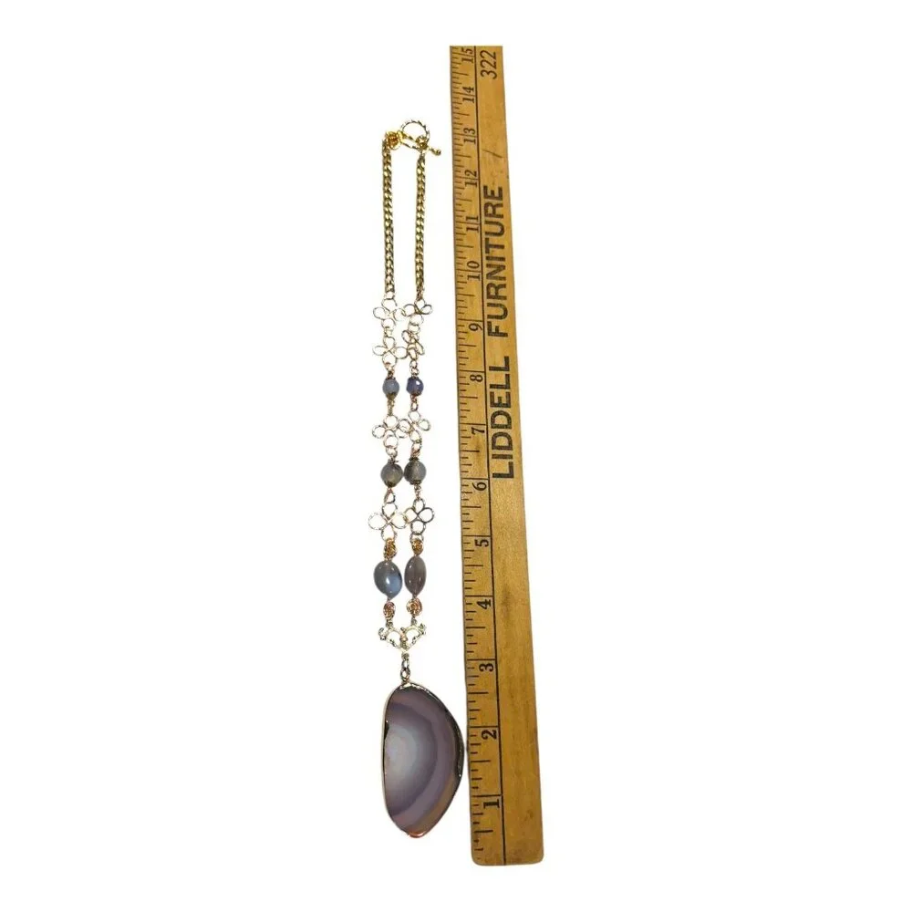 Artisan Hammered Lotus Flower Necklace W/ Agate Pendant Labradorite & Chalcedony - Picture 6 of 17